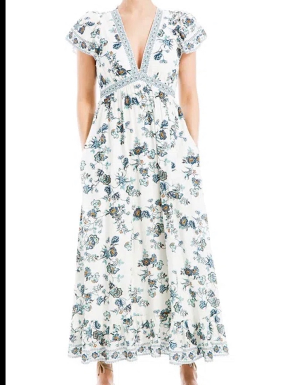 NWT Max Studio Floral Embroidered Deep V-Neck Flutter Sleeve Maxi Dress